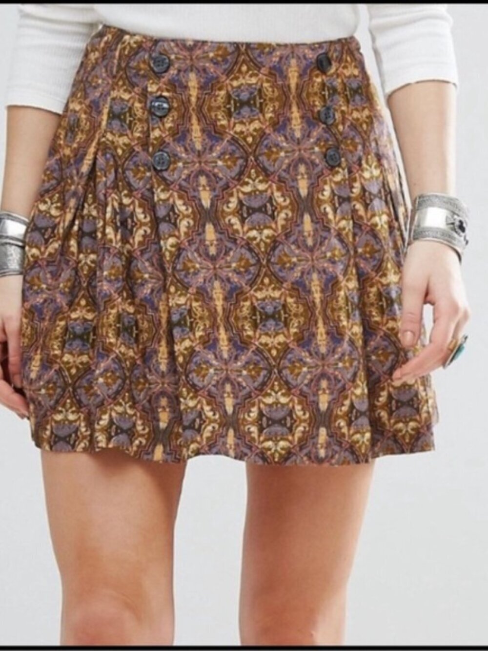 Free People Lovers Lane Pleated Mini Skirt Women's Patterned Button-Accent Sz 12